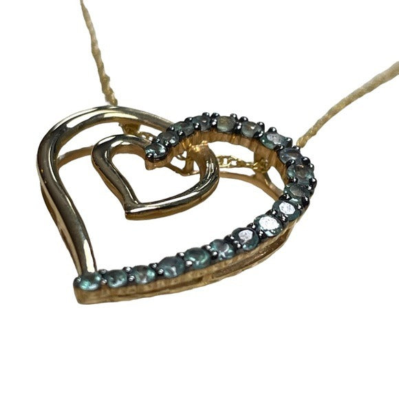 Emerald Double Heart Pendent Necklace Lobster Claw 14K Gold Round Cut 18” 1”
