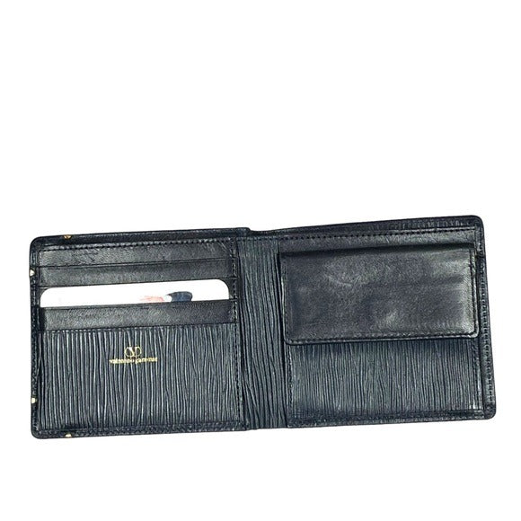 Valentino Garavani Navy Blue Woodgrain Leather Goldtone Corner Bi-Fold Wallet