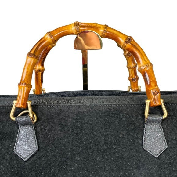 Gucci GG Diana Bamboo Black Suede Leather Dual Snap XL Pocket Top Handle Tote