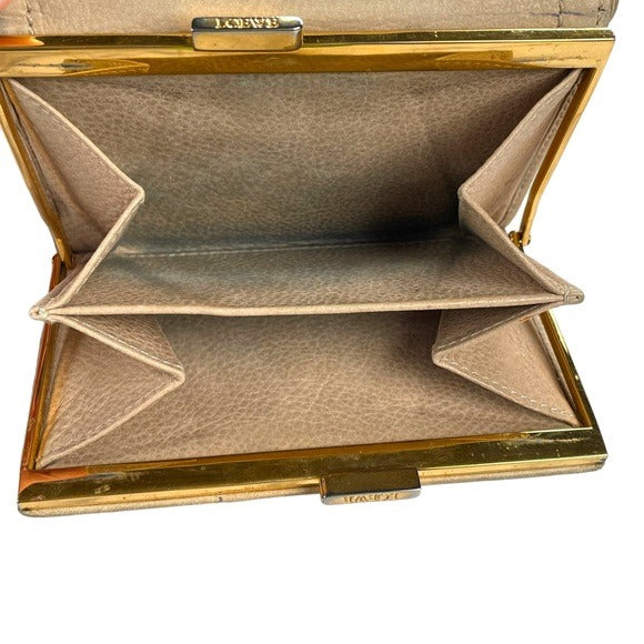 Loewe Leather Creme Compact Tri-Fold Kiss-Lock Wallet card Organizer