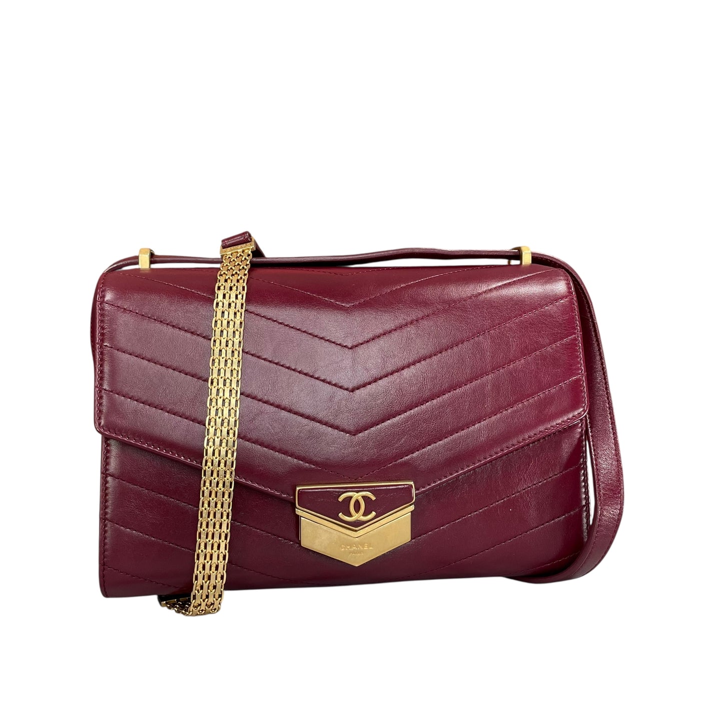Chanel CC Medal Bucket Envelop Merlot Zip Brushed GHW Burgundy 2Way CrossbodyPurse