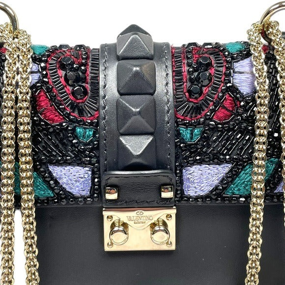 Valentino Garavani Beaded Rock Studded Chain Black Leather Multi Cross Bod Minu Bag