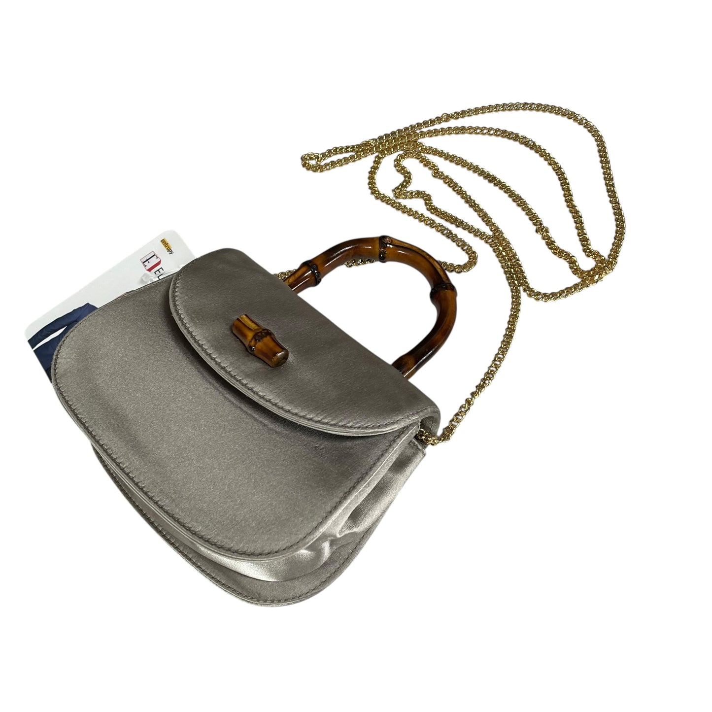 Gucci GG Mini 1947 StyleChampagne Satin GHW Bamboo 1990s Top Handle Crossbody