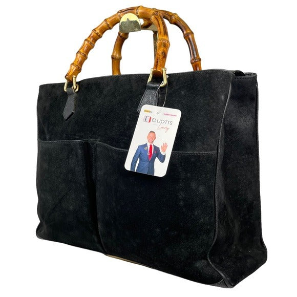 Gucci GG Diana Bamboo Black Suede Leather Dual Snap XL Pocket Top Handle Tote