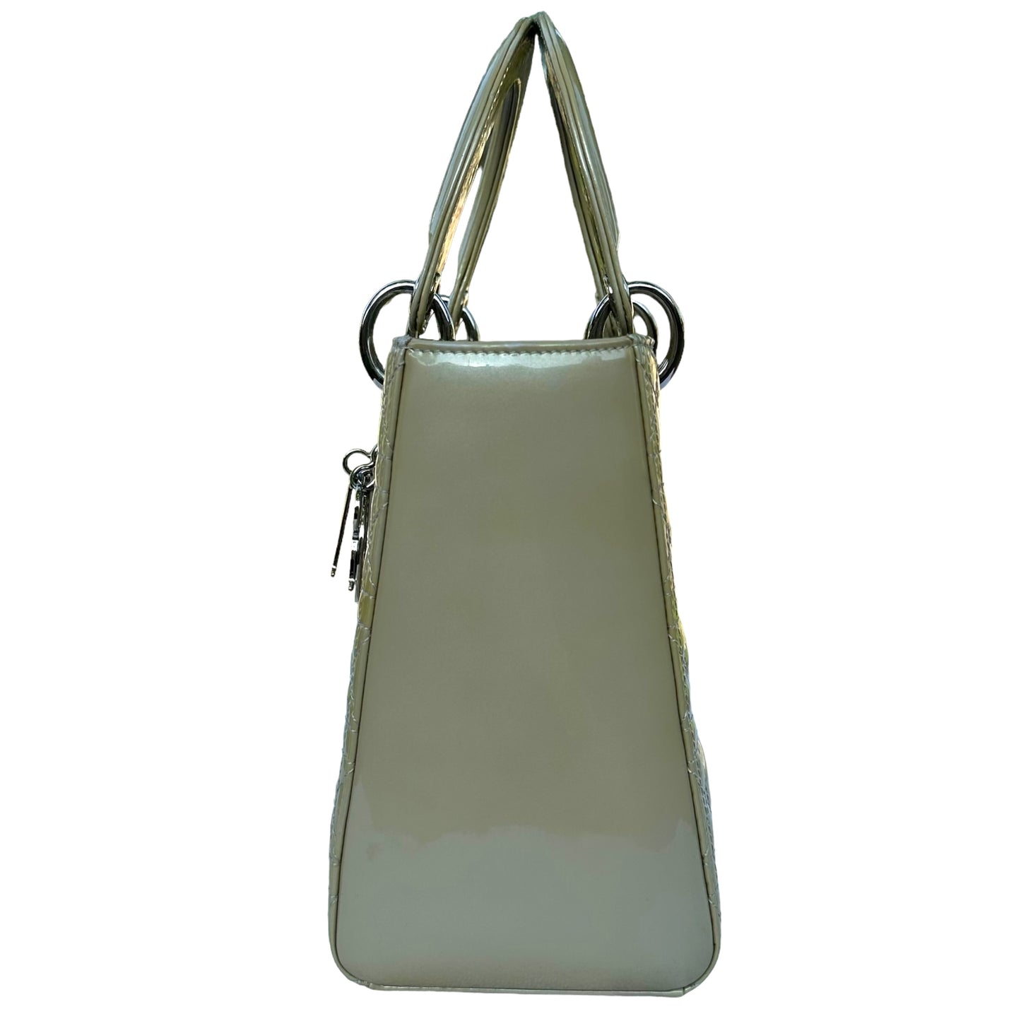 Christian Dior Lady Green Pearl Silver Cannage Patent Leather Zip Two-Way Purse