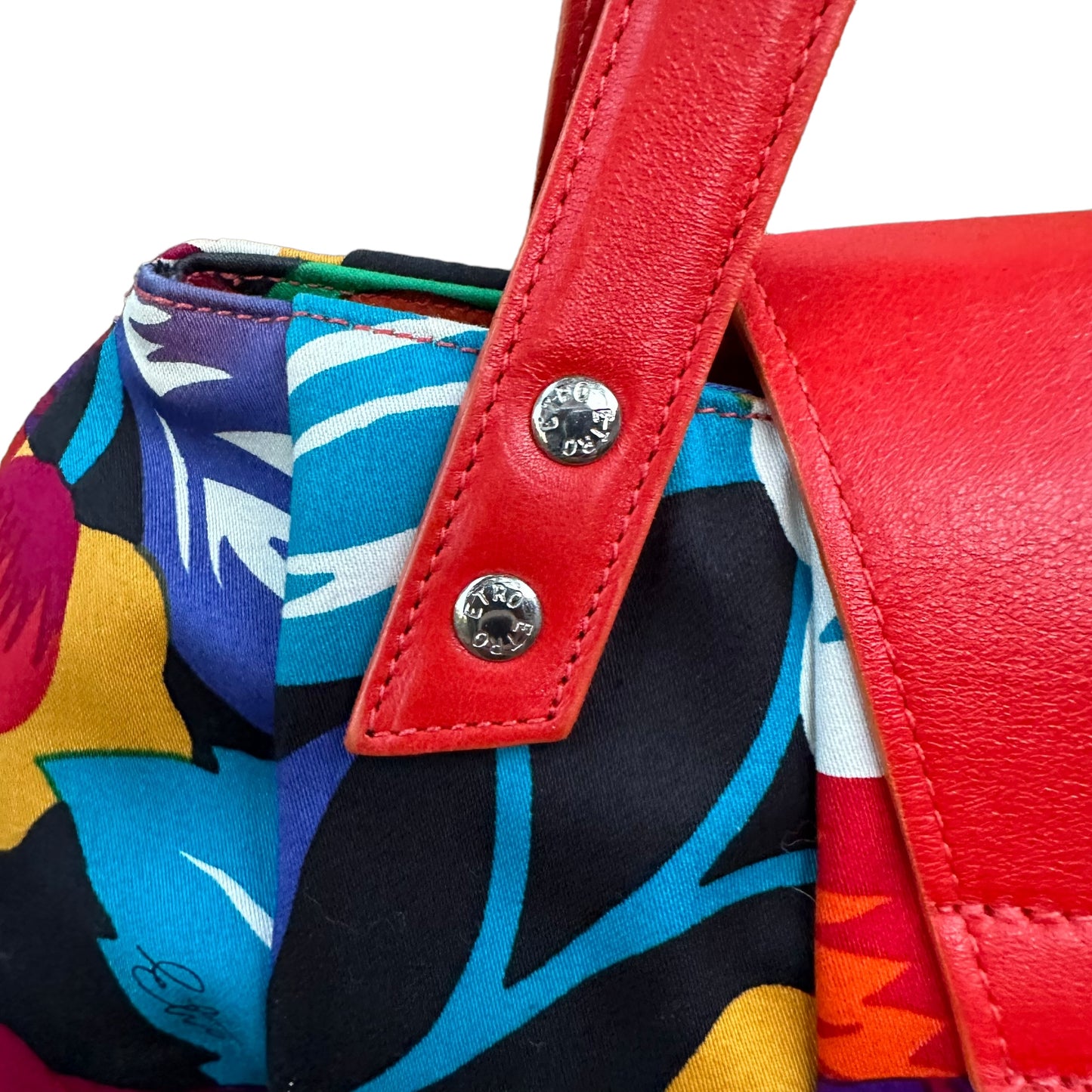 Etro Floral Canvas Fabric Multi Color Leather East West Shoulder Purse