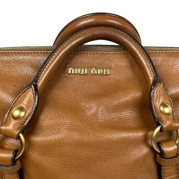 Miu Miu XL Crossbody Satchel Brown Brushed Gold Leather Bow Side Purse Hobo Bag