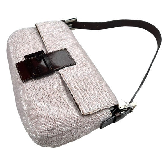 Fendi Baguette Pink Beaded Flap Silver Brown Leather Shoulder Purse