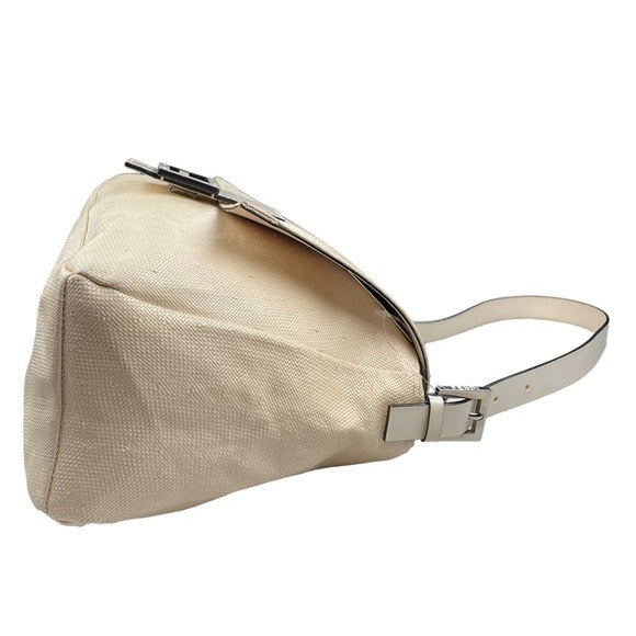Fendi Mama Baguette Micro Woven Canvas White Strap Leather Logo