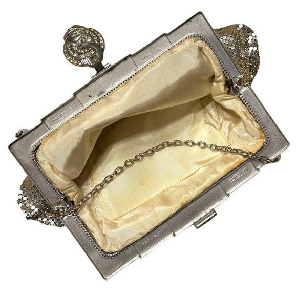 Whiting & Davis Rhinestone Clip Lock Metal Mesh Clutch Wristlet Silver Purse