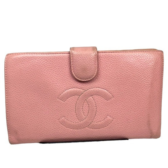 Chanel CC Caviar Pink Leather Classic Long Snap Wallet Kiss-Lock Coin Card Cash