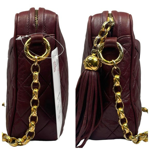 Chanel CC Lambskin Bordeaux Quilted Crossbody 24K Plated Chain Tassel Purse Bag