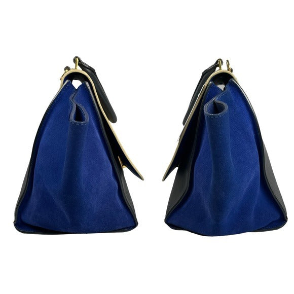 Celine Tri-Color Royal Blue Taupe Black Gold Large Shoulder Bucket Snap Purse