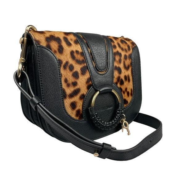 See By Chloe Calf Hair Cheetah Black Leather Satchel Flap Crossbody Strap Purse