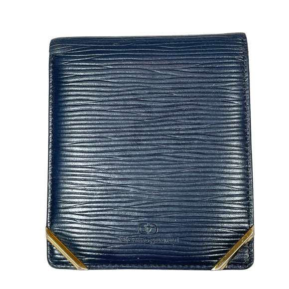 Valentino Garavani Navy Blue Woodgrain Leather Goldtone Corner Bi-Fold Wallet