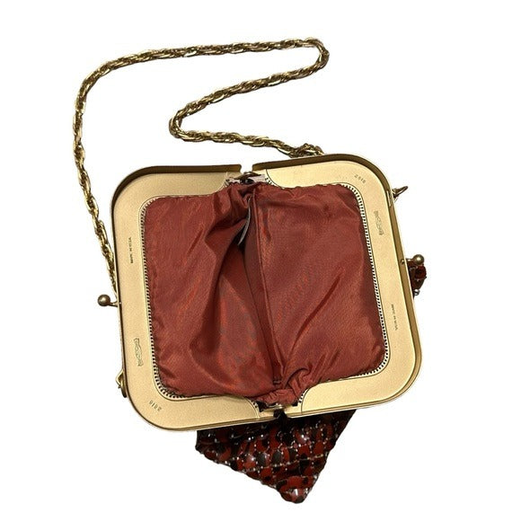 Whiting & Davis Brushed Gold Metal Mesh Shoulder Kiss-Lock Wristlet Clutch Purse