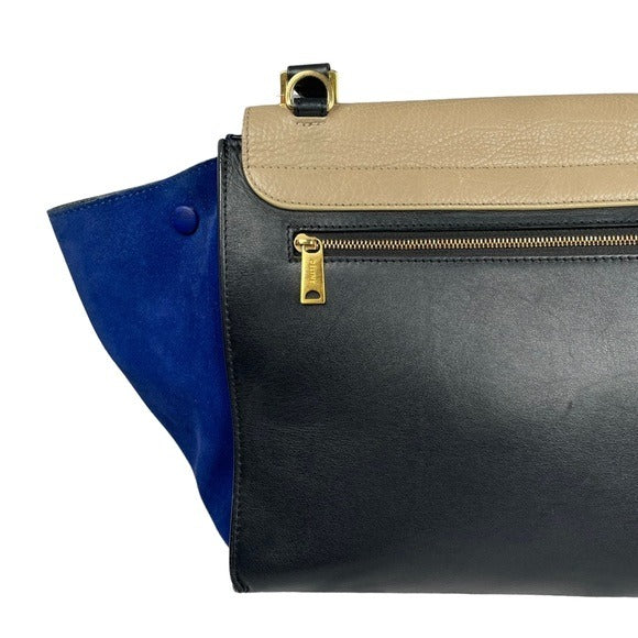 Celine Tri-Color Royal Blue Taupe Black Gold Large Shoulder Bucket Snap Purse