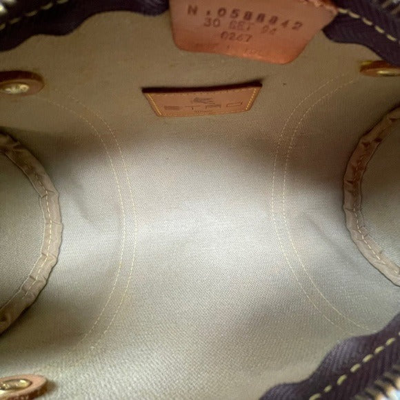Etro Paisley Canvas Natural Leather Barrel Round Shoulder Bag Purse 10” x 4.5”