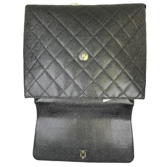Chanel CC Silver Caviar Black Top-Handle Turn-Lock Kelly Leather Flap Satchel