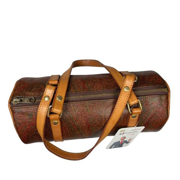 Etro Paisley Canvas Natural Leather Barrel Round Shoulder Bag Purse 10” x 4.5”