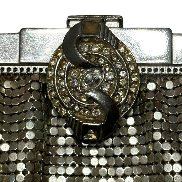 Whiting & Davis Rhinestone Clip Lock Metal Mesh Clutch Wristlet Silver Purse