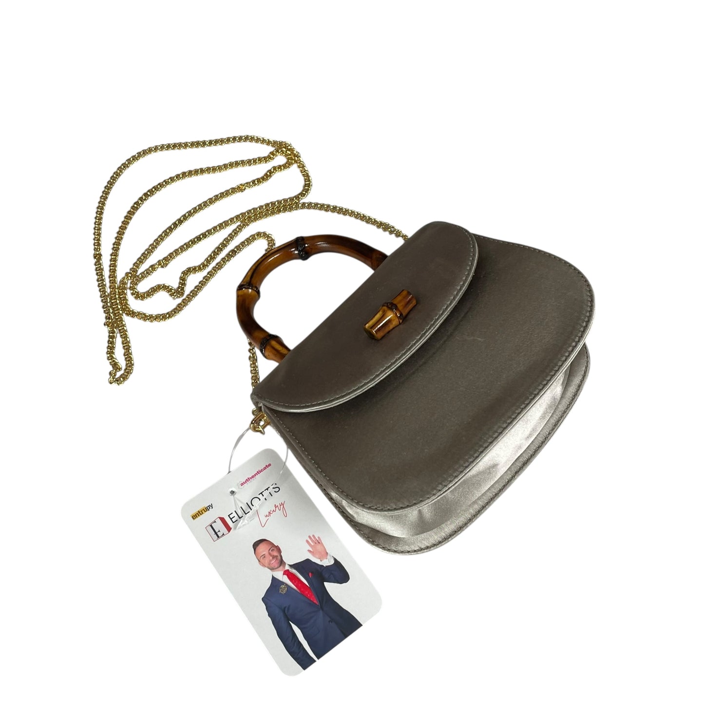 Gucci GG Mini 1947 StyleChampagne Satin GHW Bamboo 1990s Top Handle Crossbody