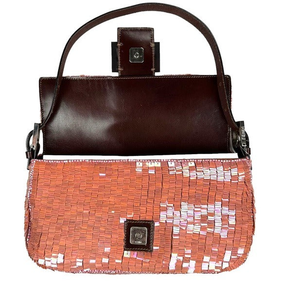 Fendi Pink Coral Iridescent Sequin Baguette Flap Brown Leather Shoulder Bag