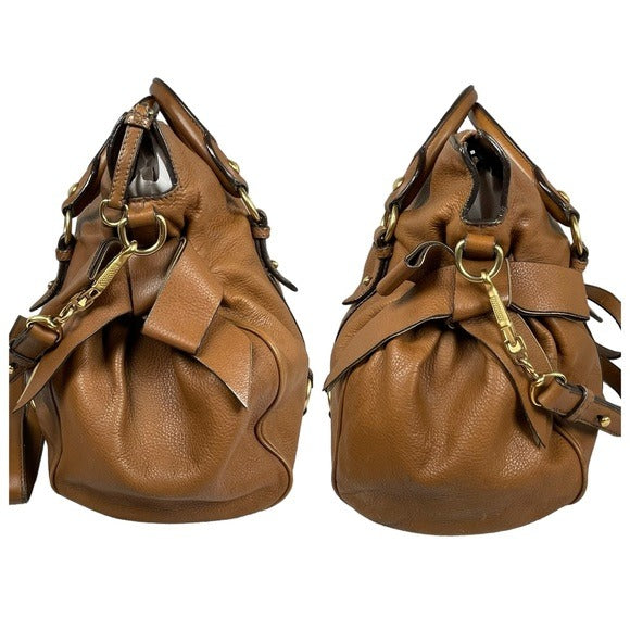 Miu Miu XL Crossbody Satchel Brown Brushed Gold Leather Bow Side Purse Hobo Bag