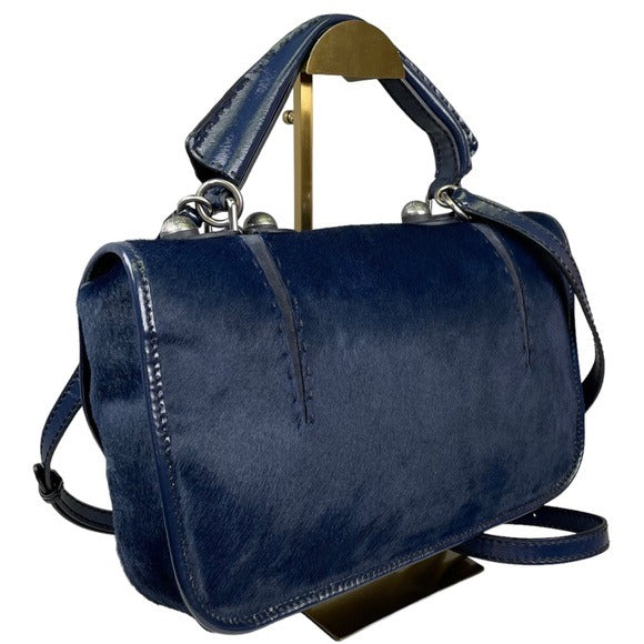 Fendi Selleria Calf Hair Navy Blue Messenger Gunmetal Flap Two Way Crossbody Bag