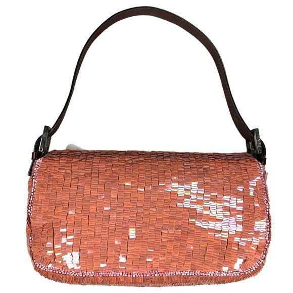 Fendi Pink Coral Iridescent Sequin Baguette Flap Brown Leather Shoulder Bag