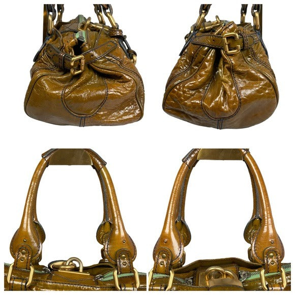 Chloe Bronze Blue Stitch Patent Leather Large Paddington Lock Shoulder Bag Tote