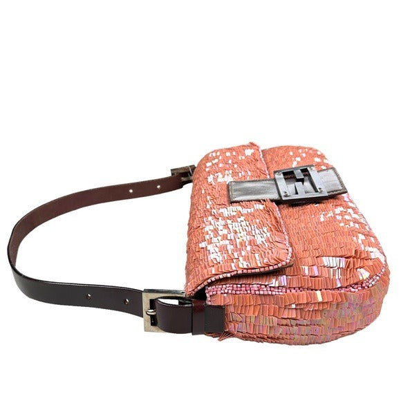 Fendi Pink Coral Iridescent Sequin Baguette Flap Brown Leather Shoulder Bag