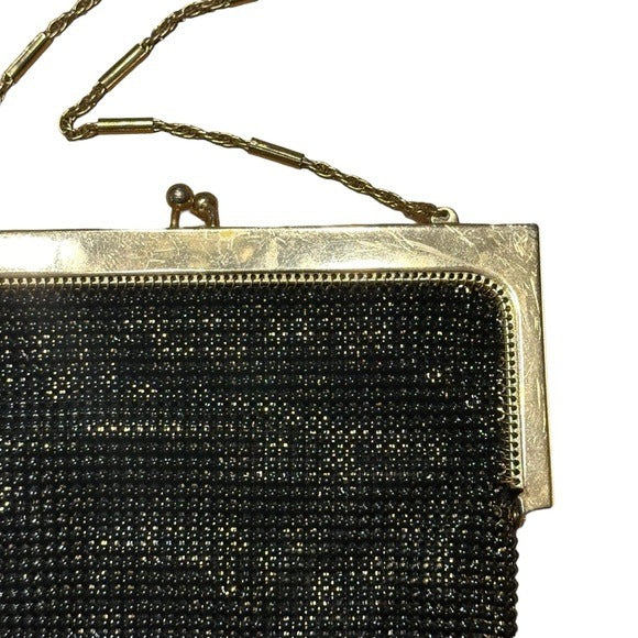 Whiting & Davis Black Gold Shoulder Metal Mesh Kiss-Lock Hollywood Regency Purse