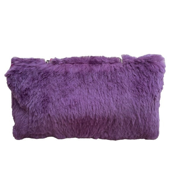 Chanel CC Antique Brushed Hardware Leather Chain Large Rabbit Fur Purple Purse