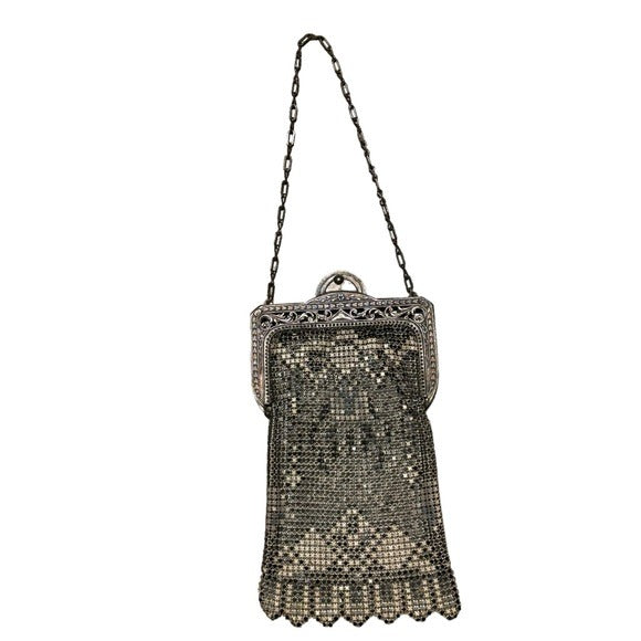 Whiting & Davis Crescent Silver Plate Crème Ivory Mountain Mesh Metal Kiss-Lock