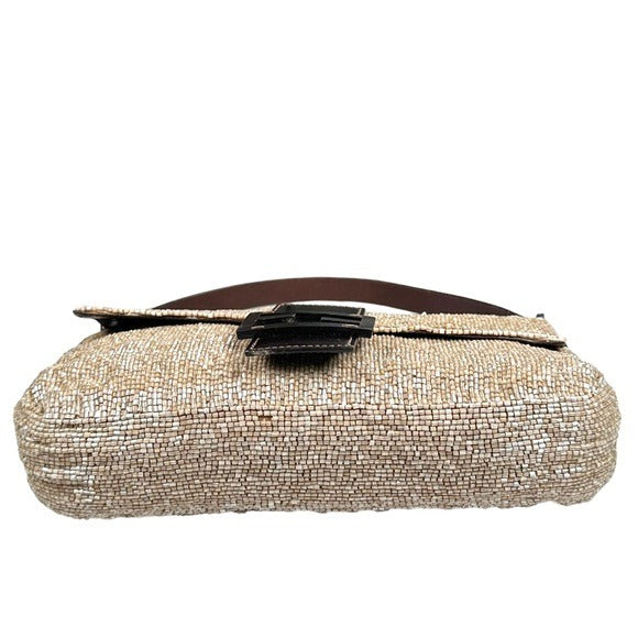 Fendi Champagne Beaded Baguette Brown Leather Strap Shoulder Purse