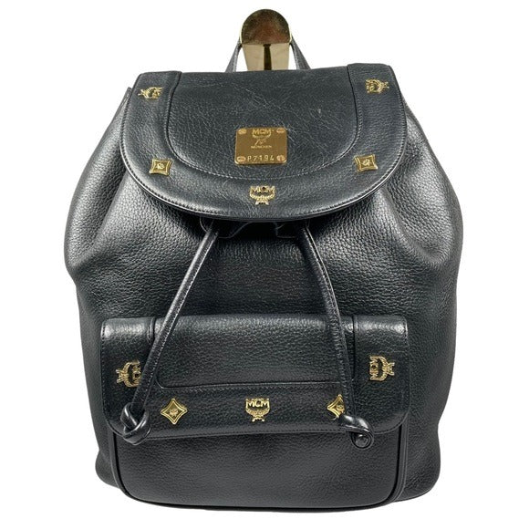 MCM Black Calf Leather Pebbled Gold Plated Multi Stud Flap Drawstring Backpack