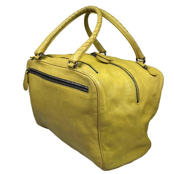 Bottega Veneta Lime Green Leather Woven Strap Boston Personal Travel Zip