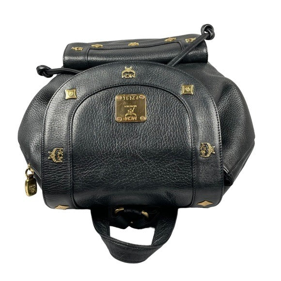 MCM Black Calf Leather Pebbled Gold Plated Multi Stud Flap Drawstring Backpack
