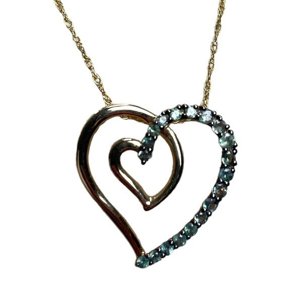 Emerald Double Heart Pendent Necklace Lobster Claw 14K Gold Round Cut 18” 1”