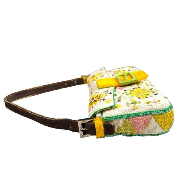 Fendi Mustard Pastel Cavnas Beaded Cow Brown Pony Hair Baguette Shoulder Purse
