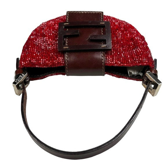 Fendi Red Beaded Mini Croissant Brown Leather Snap Front Handbag Pur…