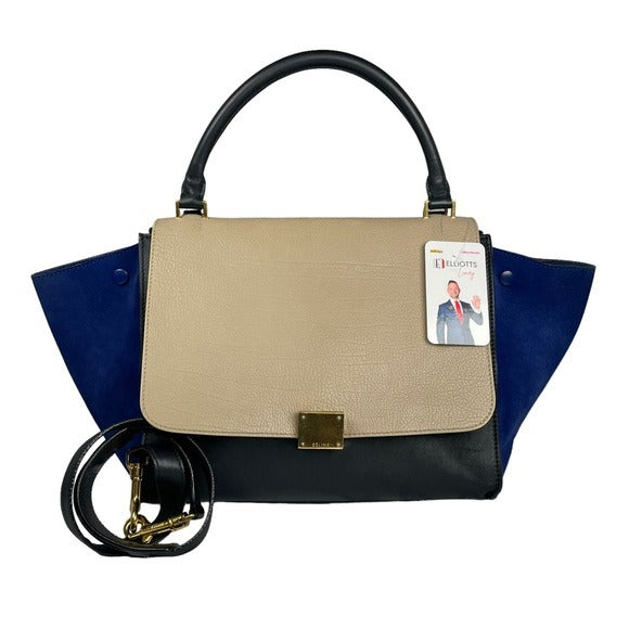 Celine Tri-Color Royal Blue Taupe Black Gold Large Shoulder Bucket Snap Purse
