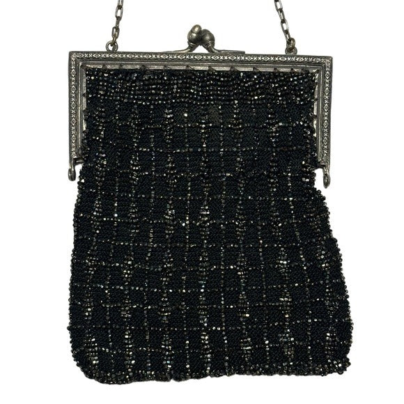 Whiting Davis Sterling Plated Black Kiss-Lock Evening Beaded Wovens Mesh Clutch
