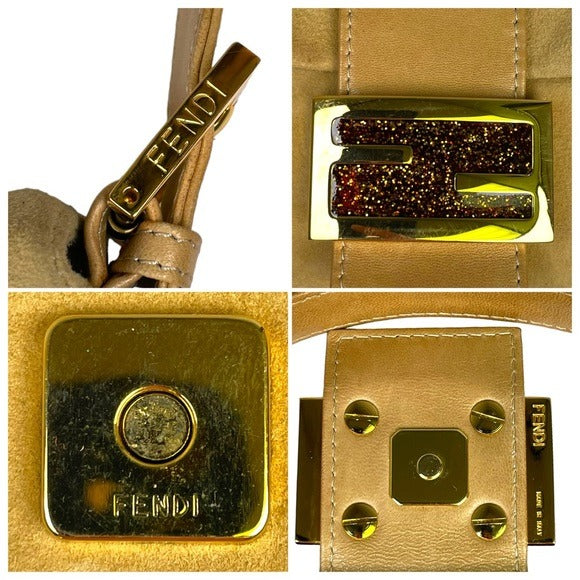 Fendi FF Glitter Tan Leather Gold Flap Bag Logo Suede Baguette Shoulder Purse
