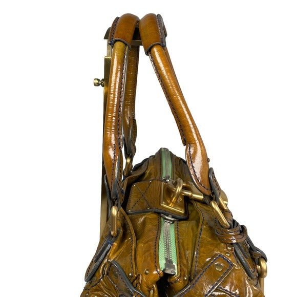 Chloe Bronze Blue Stitch Patent Leather Large Paddington Lock Shoulder Bag Tote