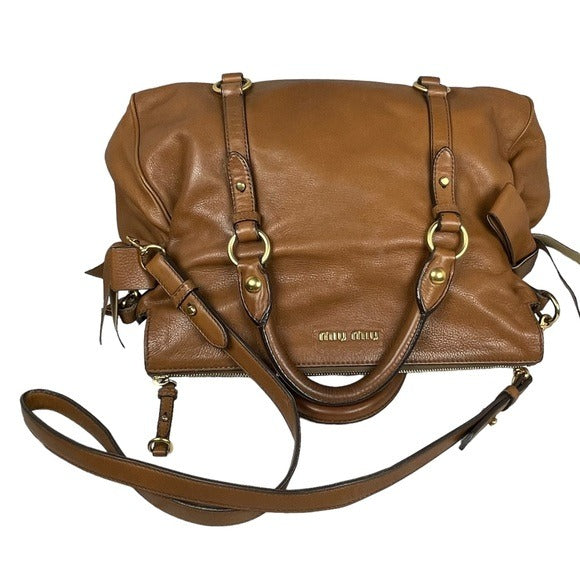Miu Miu XL Crossbody Satchel Brown Brushed Gold Leather Bow Side Purse Hobo Bag