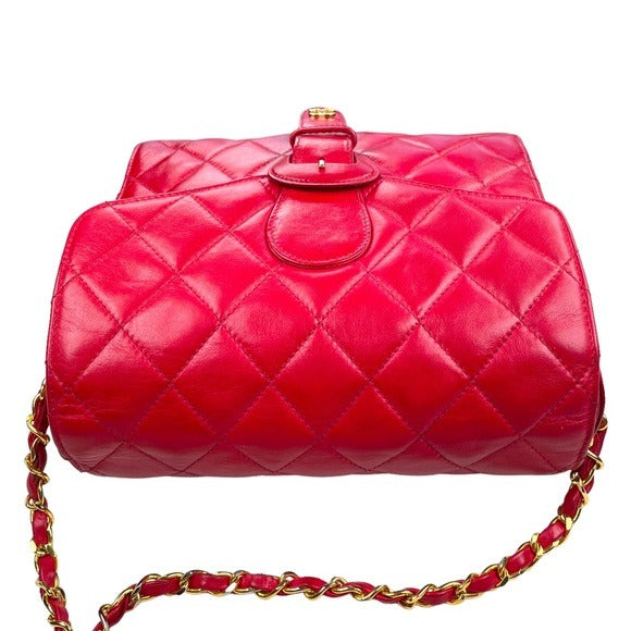 Chanel CC Red Flap Buckle Front Over Snap Quilted Lambskin Shoulder Purs…
