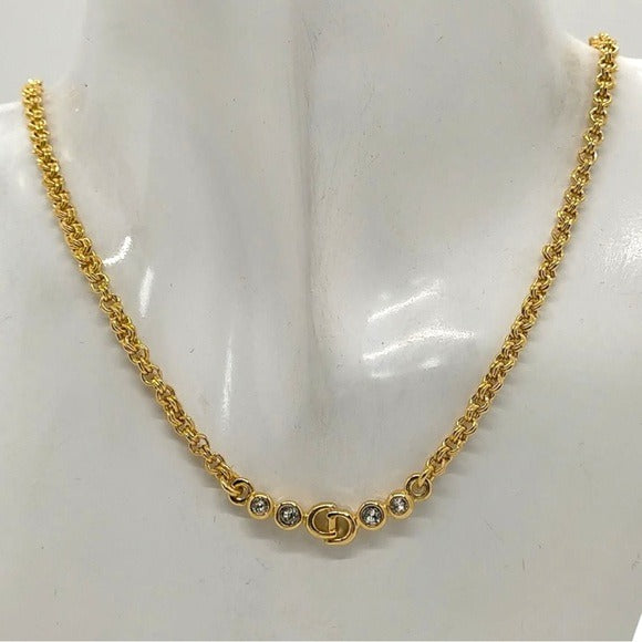 Christian Dior 18K Gold Plated Multi Stone Monogram Necklace Chain 16”