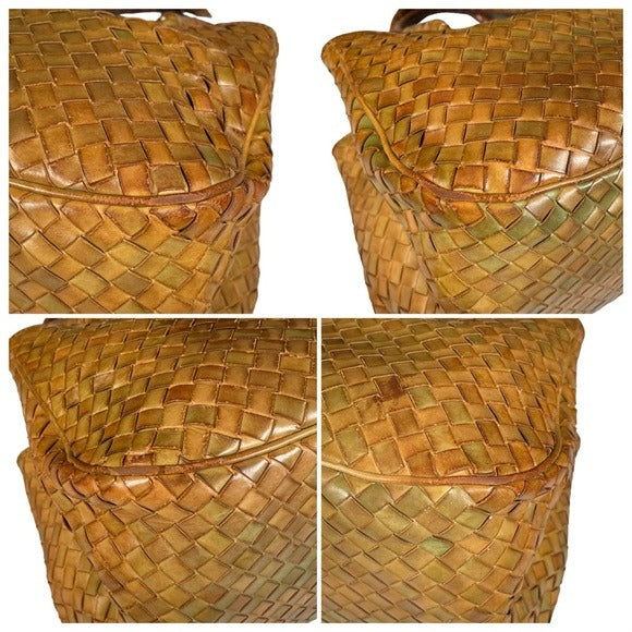 Bottega Veneta Tan Brown Green Woven Leather Shoulder Purse Two File Zip Bag